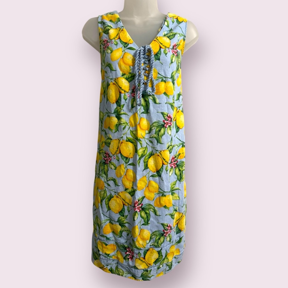 For Cynthia Yellow Lemon Print Sleeveless V-Neck Mini Dress